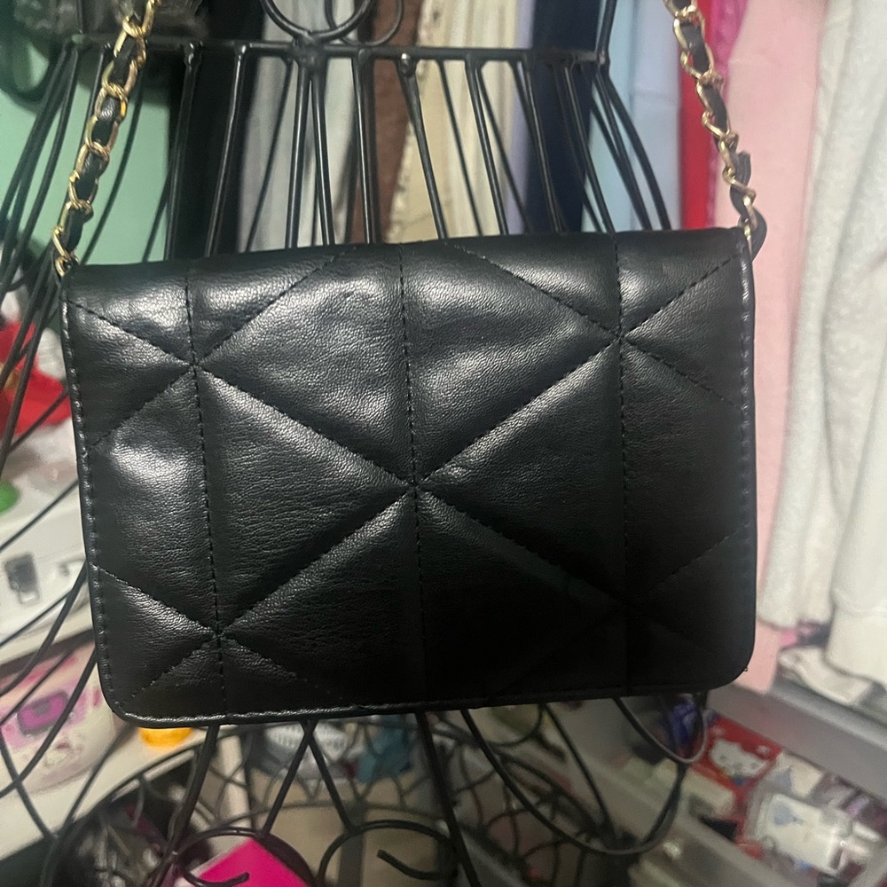 bebe Black Quilted Crossbody with Crystal Logo and Gold Chain - Picture 2 of 2